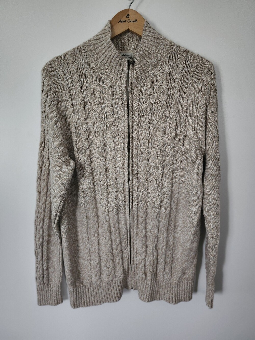 L.L. BEAN Cable Knit Full Zip Cotton Sweater Cardigan Heathered Beige XL